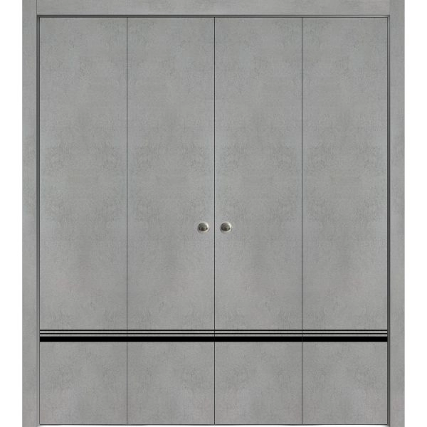 Sliding Closet Double Bi-fold Doors | Planum 0012 Concrete and Aluminum Strips | Sturdy Tracks Moldings Trims Hardware Set | Wood Solid Bedroom Wardrobe Doors