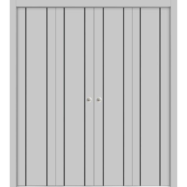 Sliding Closet Double Bi-fold Doors | Planum 0017 Matte Grey and Aluminum Strips | Sturdy Tracks Moldings Trims Hardware Set | Wood Solid Bedroom Wardrobe Doors