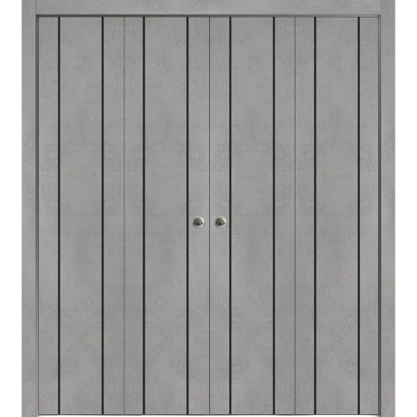Sliding Closet Double Bi-fold Doors | Planum 0017 Concrete and Aluminum Strips | Sturdy Tracks Moldings Trims Hardware Set | Wood Solid Bedroom Wardrobe Doors