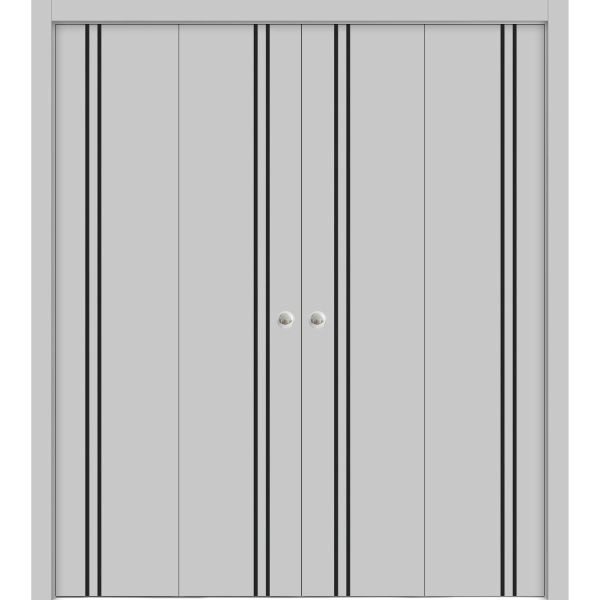 Sliding Closet Double Bi-fold Doors | Planum 0016 Matte Grey and Aluminum Strips | Sturdy Tracks Moldings Trims Hardware Set | Wood Solid Bedroom Wardrobe Doors