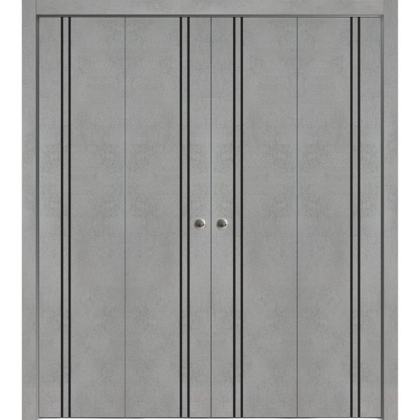 Sliding Closet Double Bi-fold Doors | Planum 0016 Concrete and Aluminum Strips | Sturdy Tracks Moldings Trims Hardware Set | Wood Solid Bedroom Wardrobe Doors