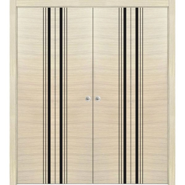 Sliding Closet Double Bi-fold Doors | Planum 0011 Natural Veneer and Aluminum Strips | Sturdy Tracks Moldings Trims Hardware Set | Wood Solid Bedroom Wardrobe Doors