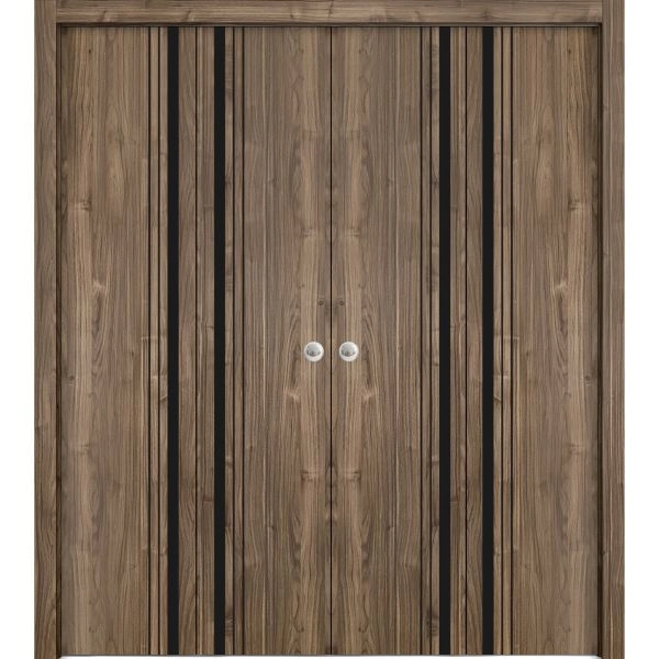 Sliding Closet Double Bi-fold Doors | Planum 0011 Walnut and Aluminum Strips | Sturdy Tracks Moldings Trims Hardware Set | Wood Solid Bedroom Wardrobe Doors
