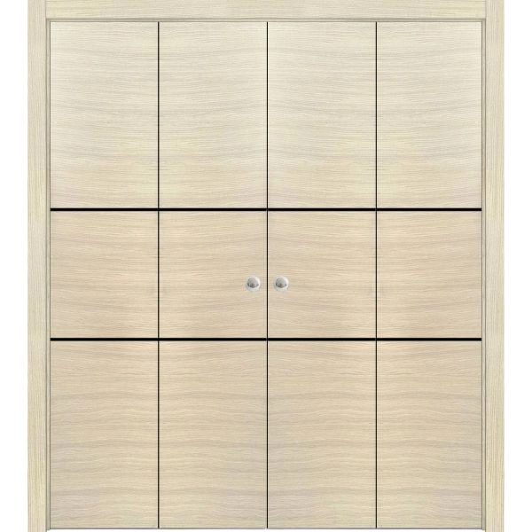 Sliding Closet Double Bi-fold Doors | Planum 0014 Natural Veneer and Aluminum Strips | Sturdy Tracks Moldings Trims Hardware Set | Wood Solid Bedroom Wardrobe Doors