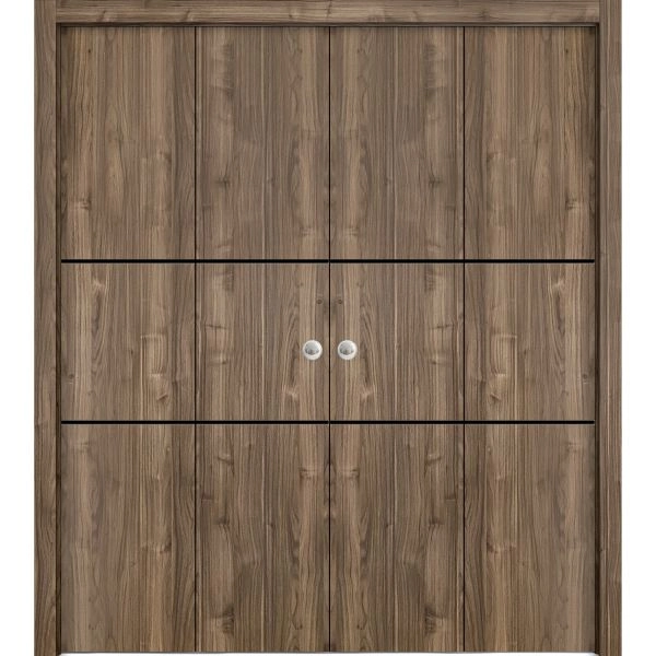 Sliding Closet Double Bi-fold Doors | Planum 0014 Walnut and Aluminum Strips | Sturdy Tracks Moldings Trims Hardware Set | Wood Solid Bedroom Wardrobe Doors