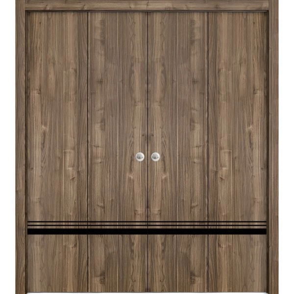 Sliding Closet Double Bi-fold Doors | Planum 0012 Walnut and Aluminum Strips | Sturdy Tracks Moldings Trims Hardware Set | Wood Solid Bedroom Wardrobe Doors
