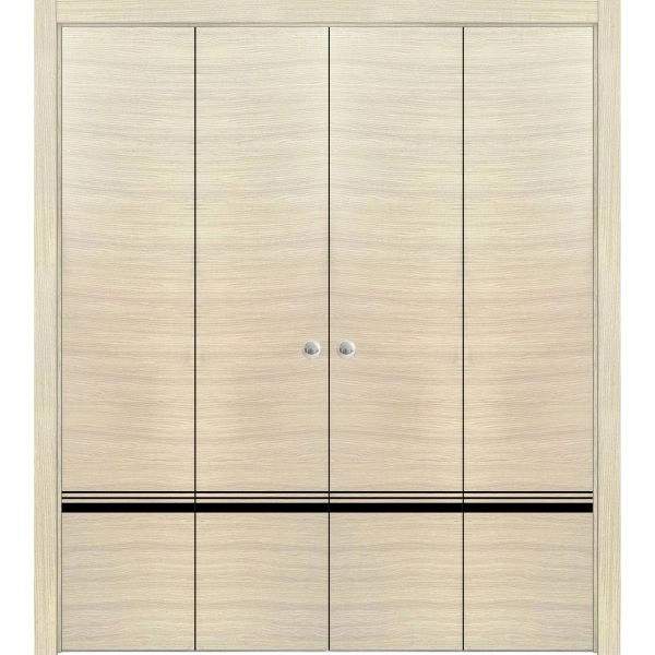 Sliding Closet Double Bi-fold Doors | Planum 0012 Natural Veneer and Aluminum Strips | Sturdy Tracks Moldings Trims Hardware Set | Wood Solid Bedroom Wardrobe Doors