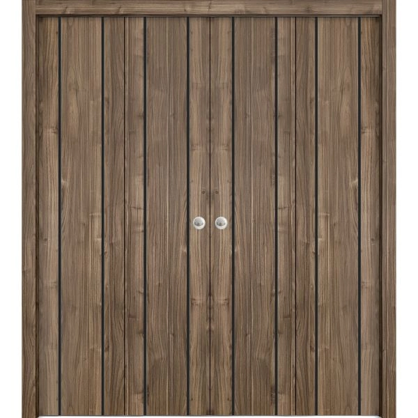 Sliding Closet Double Bi-fold Doors | Planum 0017 Walnut and Aluminum Strips | Sturdy Tracks Moldings Trims Hardware Set | Wood Solid Bedroom Wardrobe Doors
