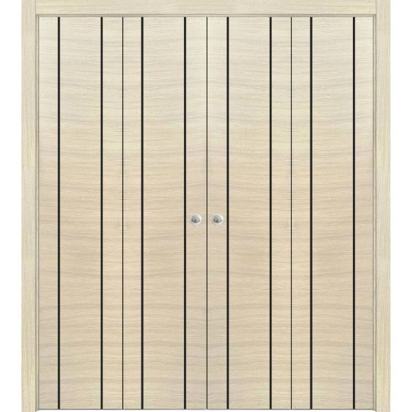 Sliding Closet Double Bi-fold Doors | Planum 0017 Natural Veneer and Aluminum Strips | Sturdy Tracks Moldings Trims Hardware Set | Wood Solid Bedroom Wardrobe Doors