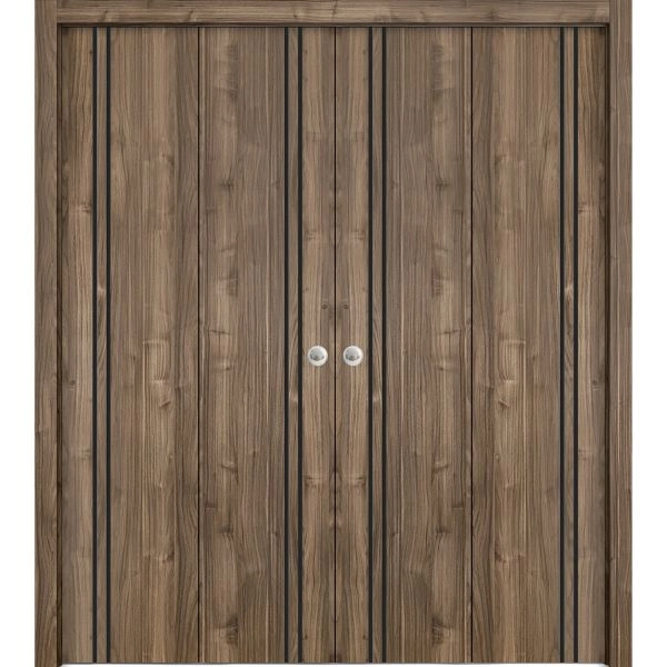 Sliding Closet Double Bi-fold Doors | Planum 0016 Walnut and Aluminum Strips | Sturdy Tracks Moldings Trims Hardware Set | Wood Solid Bedroom Wardrobe Doors
