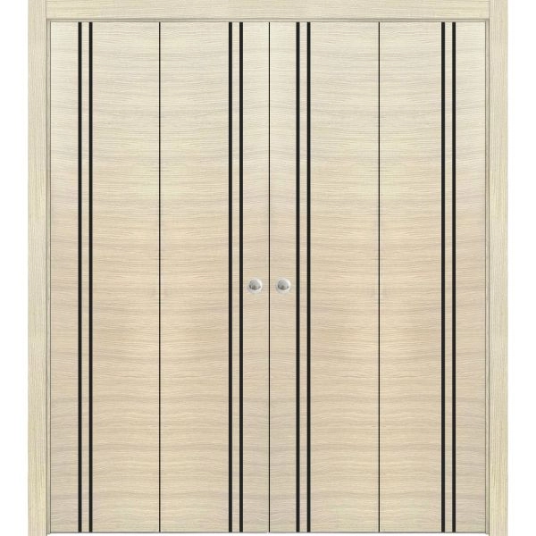 Sliding Closet Double Bi-fold Doors | Planum 0016 Natural Veneer and Aluminum Strips | Sturdy Tracks Moldings Trims Hardware Set | Wood Solid Bedroom Wardrobe Doors