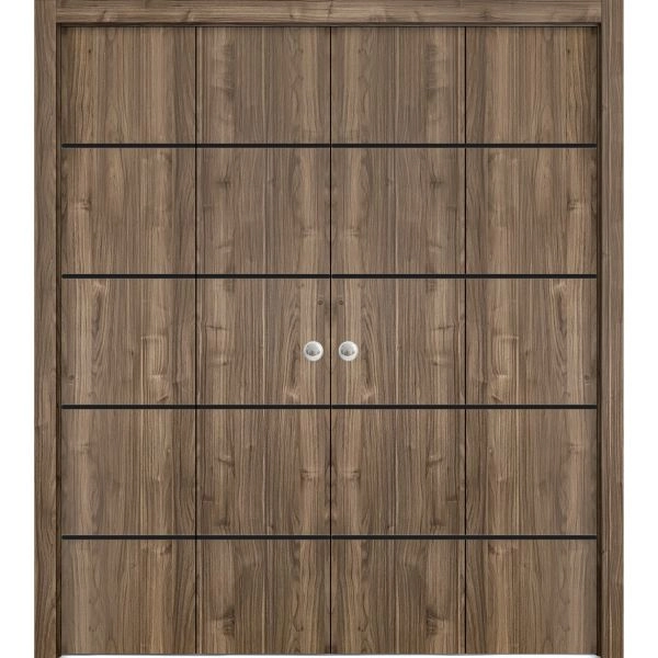 Sliding Closet Double Bi-fold Doors | Planum 0015 Walnut and Aluminum Strips | Sturdy Tracks Moldings Trims Hardware Set | Wood Solid Bedroom Wardrobe Doors