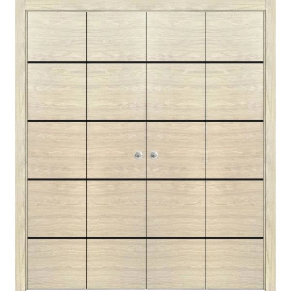 Sliding Closet Double Bi-fold Doors | Planum 0015 Natural Veneer and Aluminum Strips | Sturdy Tracks Moldings Trims Hardware Set | Wood Solid Bedroom Wardrobe Doors