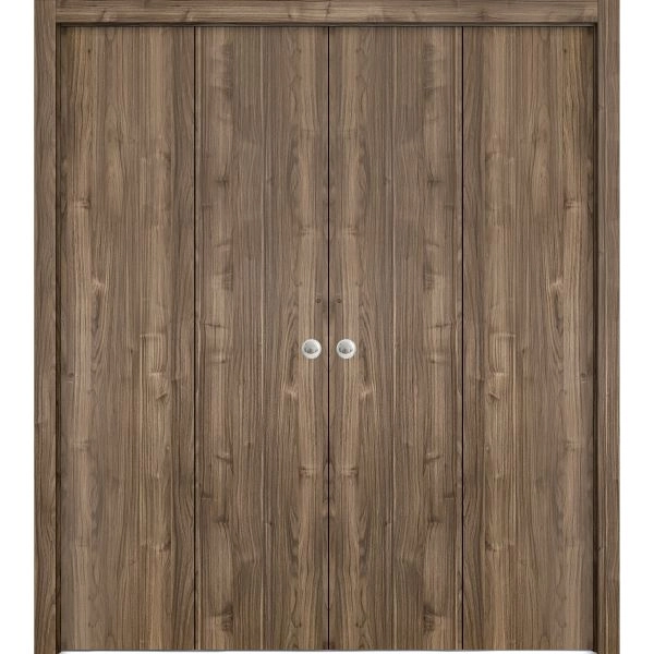 Sliding Closet Double Bi-fold Doors | Planum 0010 Walnut | Sturdy Tracks Moldings Trims Hardware Set | Wood Solid Bedroom Wardrobe Doors 