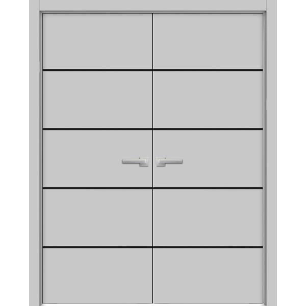 Planum Solid French Double Doors | Planum 0015 Matte Grey and Aluminum Strips | Wood Solid Panel Frame Trims | Closet Bedroom Sturdy Doors