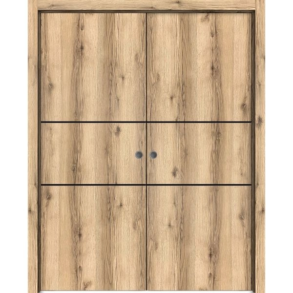 Modern Double Pocket Doors | Planum 0014 Oak and Aluminum Strips | Kit Trims Rail Hardware | Solid Wood Interior Bedroom Sliding Closet Sturdy Door