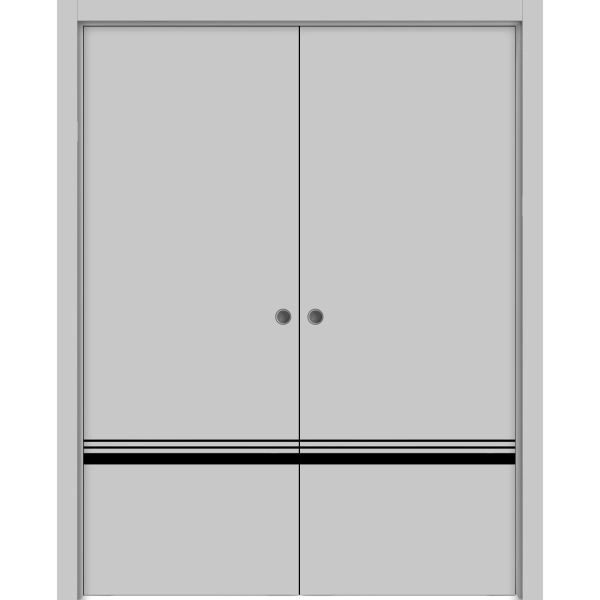 Modern Double Pocket Doors | Planum 0012 Matte Grey and Aluminum Strips | Kit Trims Rail Hardware | Solid Wood Interior Bedroom Sliding Closet Sturdy Door