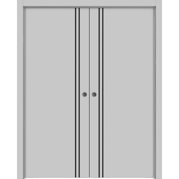 Modern Double Pocket Doors | Planum 0016 Matte Grey and Aluminum Strips | Kit Trims Rail Hardware | Solid Wood Interior Bedroom Sliding Closet Sturdy Door