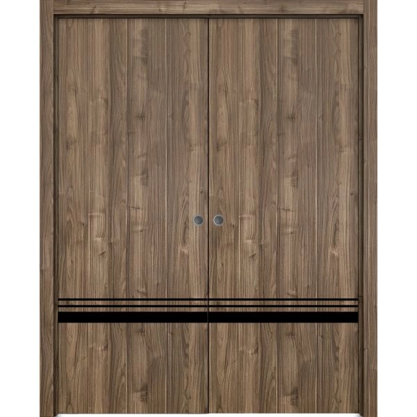 Modern Double Pocket Doors | Planum 0012 Walnut and Aluminum Strips | Kit Trims Rail Hardware | Solid Wood Interior Bedroom Sliding Closet Sturdy Door