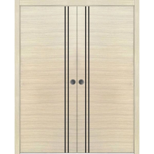Modern Double Pocket Doors | Planum 0016 Natural Veneer and Aluminum Strips | Kit Trims Rail Hardware | Solid Wood Interior Bedroom Sliding Closet Sturdy Door