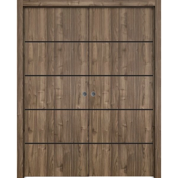 Modern Double Pocket Doors | Planum 0015 Walnut and Aluminum Strips | Kit Trims Rail Hardware | Solid Wood Interior Bedroom Sliding Closet Sturdy Door