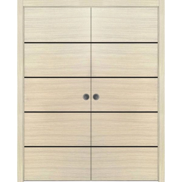 Modern Double Pocket Doors | Planum 0015 Natural Veneer and Aluminum Strips | Kit Trims Rail Hardware | Solid Wood Interior Bedroom Sliding Closet Sturdy Door