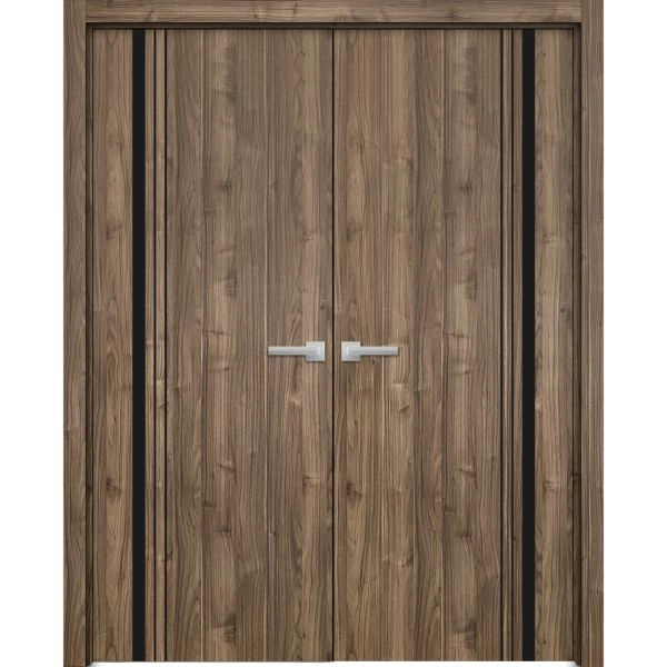 Planum Solid French Double Doors | Planum 0011 Walnut and Aluminum Strips | Wood Solid Panel Frame Trims | Closet Bedroom Sturdy Doors