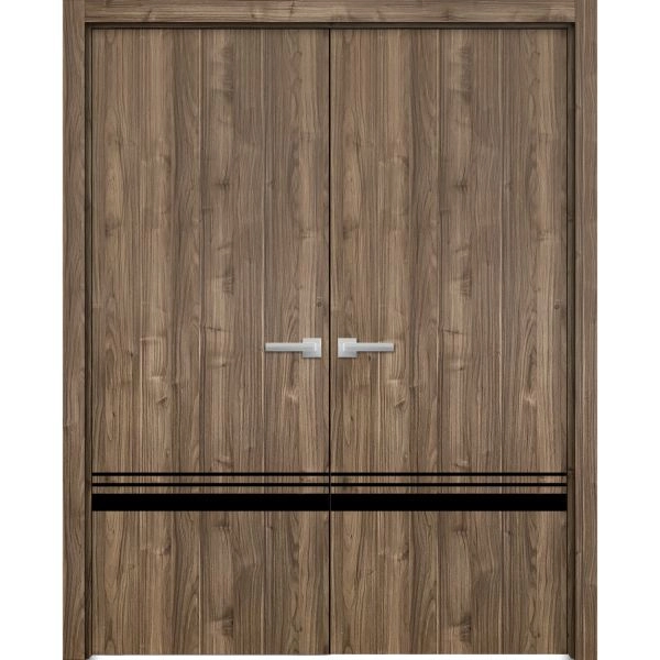 Planum Solid French Double Doors | Planum 0012 Walnut and Aluminum Strips | Wood Solid Panel Frame Trims | Closet Bedroom Sturdy Doors