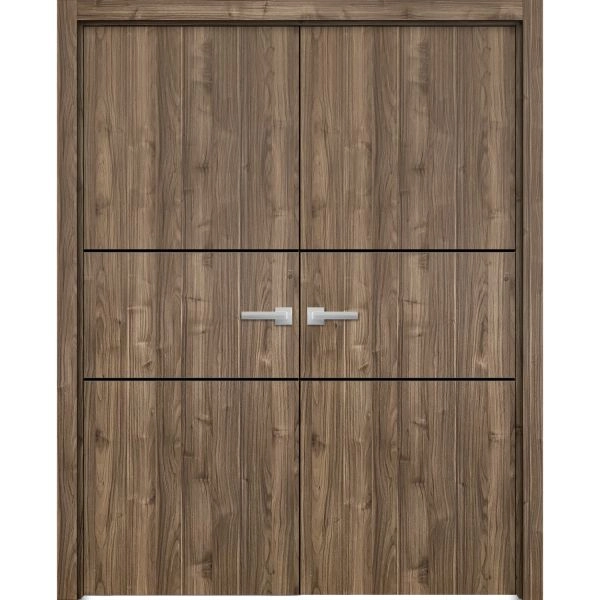 Planum Solid French Double Doors | Planum 0014 Walnut and Aluminum Strips | Wood Solid Panel Frame Trims | Closet Bedroom Sturdy Doors