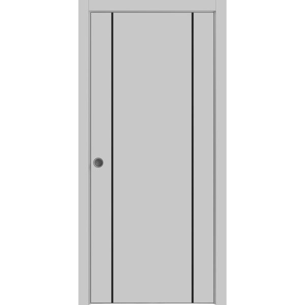 Sliding French Pocket Door with | Planum 0017 Matte Grey and Aluminum Strips | Kit Trims Rail Hardware | Solid Wood Interior Bedroom Sturdy Doors