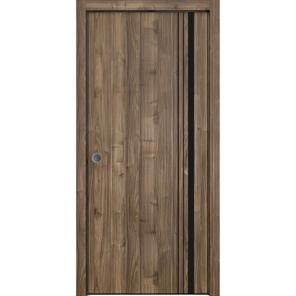 Sliding French Pocket Door with | Planum 0011 Walnut and Aluminum Strips | Kit Trims Rail Hardware | Solid Wood Interior Bedroom Sturdy Doors