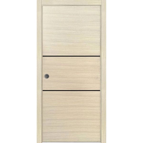 Sliding French Pocket Door with | Planum 0014 Natural Veneer and Aluminum Strips | Kit Trims Rail Hardware | Solid Wood Interior Bedroom Sturdy Doors