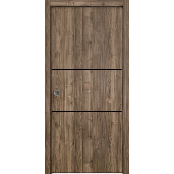 Sliding French Pocket Door with | Planum 0014 Walnut and Aluminum Strips | Kit Trims Rail Hardware | Solid Wood Interior Bedroom Sturdy Doors