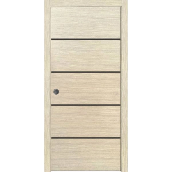 Sliding French Pocket Door with | Planum 0015 Natural Veneer and Aluminum Strips | Kit Trims Rail Hardware | Solid Wood Interior Bedroom Sturdy Doors