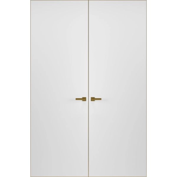 Modern Solid Double Hidden Door with Handle | Planum 0010 Primed with Gold Hidden Frame 36" x 80" Left-hand Outswing Gold Frame | Hinges Lock Handle | Modern Wardrobe Wood Solid Doors