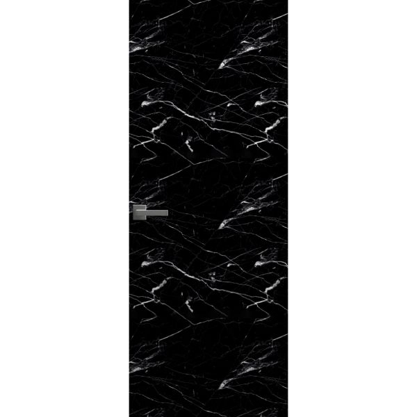 Invisible Solid Hidden Door with Handle | Planum 0010 Nero Marquina with Silver Hidden Frame 24" x 80" Left-hand Inswing Silver Frame | Concealed Hinges Lock Handle | Modern Frameless Doors