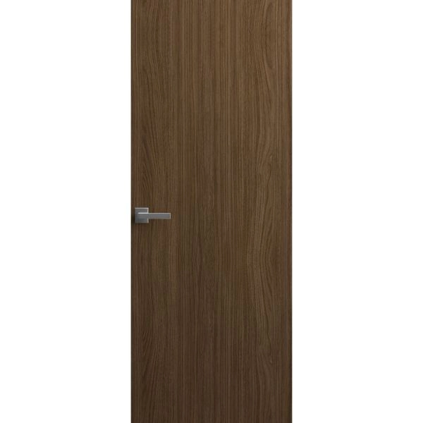 Invisible Solid Hidden Door with Handle | Planum 0010 Walnut with Silver Hidden Frame 24" x 80" Left-hand Inswing Silver Frame | Concealed Hinges Lock Handle | Modern Frameless Doors