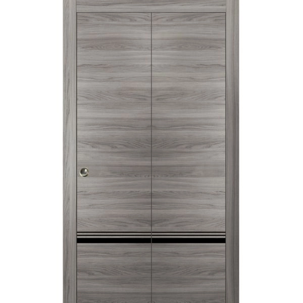 Sliding Closet Bi-fold Doors | Planum 0012 Ginger Ash and Aluminum Strips | Sturdy Tracks Moldings Trims Hardware Set | Wood Solid Bedroom Wardrobe Doors
