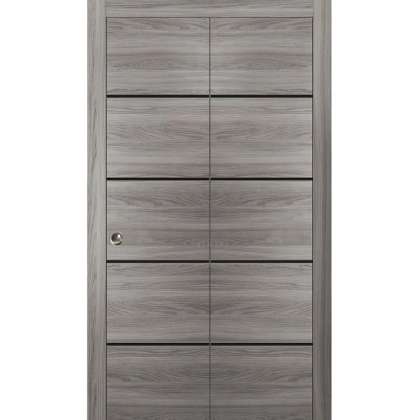 Sliding Closet Bi-fold Doors | Planum 0015 Ginger Ash and Aluminum Strips | Sturdy Tracks Moldings Trims Hardware Set | Wood Solid Bedroom Wardrobe Doors