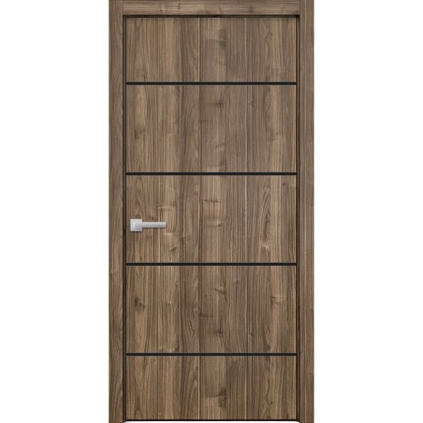 Modern Wood Interior Door with Hardware | Planum 0015 Walnut and Aluminum Strips | Single Panel Frame Trims | Bathroom Bedroom Sturdy Doors