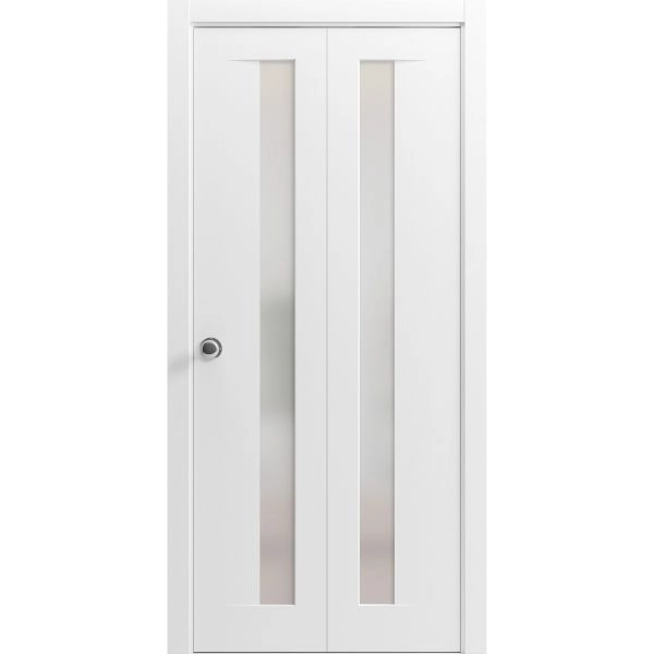 Sliding Closet Bi-fold Doors | Planum 0660 Painted White with Frosted Glass | Sturdy Tracks Moldings Trims Hardware Set | Wood Solid Bedroom Wardrobe Doors 
