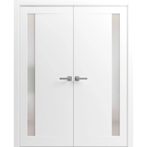 Planum Solid French Double Doors | Planum 0660 Painted White with Frosted Glass | Wood Solid Panel Frame Trims | Closet Bedroom Sturdy Doors 