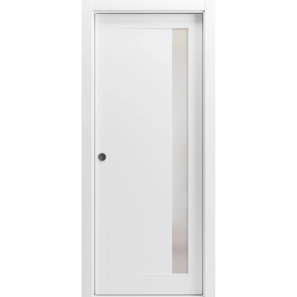 Sliding French Pocket Door with | Planum 0660 Painted White with Frosted Glass | Kit Trims Rail Hardware | Solid Wood Interior Bedroom Sturdy Doors