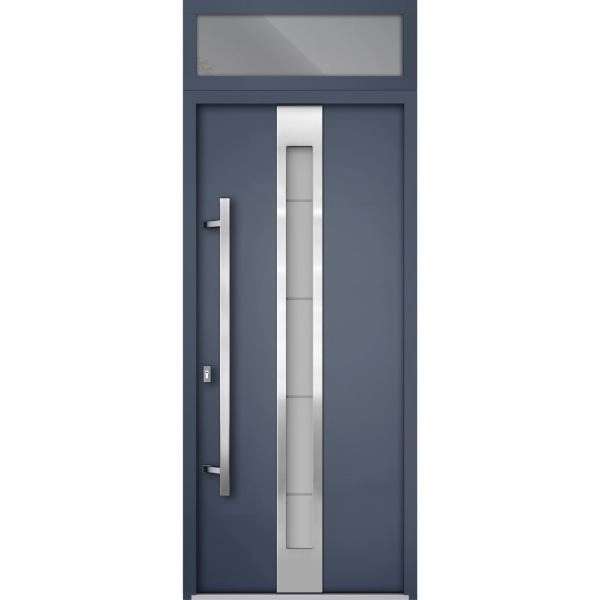 Front Exterior Prehung Steel Door / Deux 1717 Gray Graphite / Transom Window / Stainless Inserts Single Modern Painted-W36" x H80+16"-Right-hand Inswing