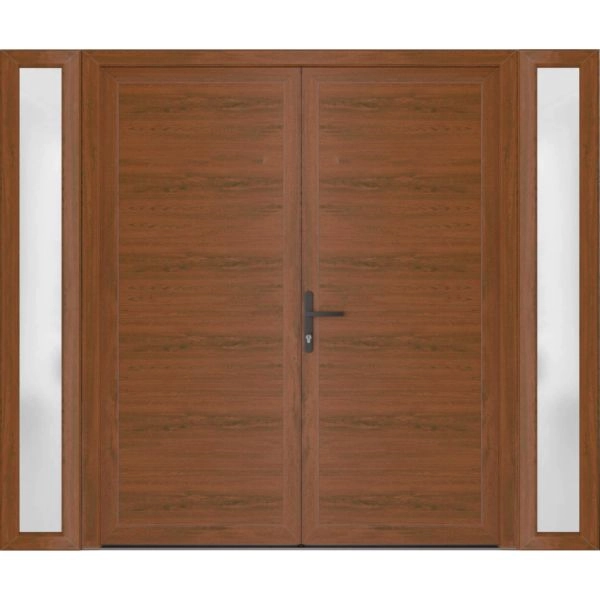 Front Exterior Prehung Metal-Plastic Double Doors / MANUX 8111 Walnut / 2 Sidelites Exterior WindoWLN / Office Commercial and Residential Doors Entrance Patio Garage 96" x 80" Right-Hand