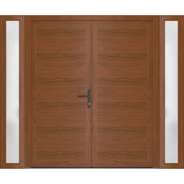 Front Exterior Prehung Metal-Plastic Double Doors / MANUX 8111 Walnut / 2 Sidelites Exterior WindoWLN / Office Commercial and Residential Doors Entrance Patio Garage 96" x 80" Left-Hand