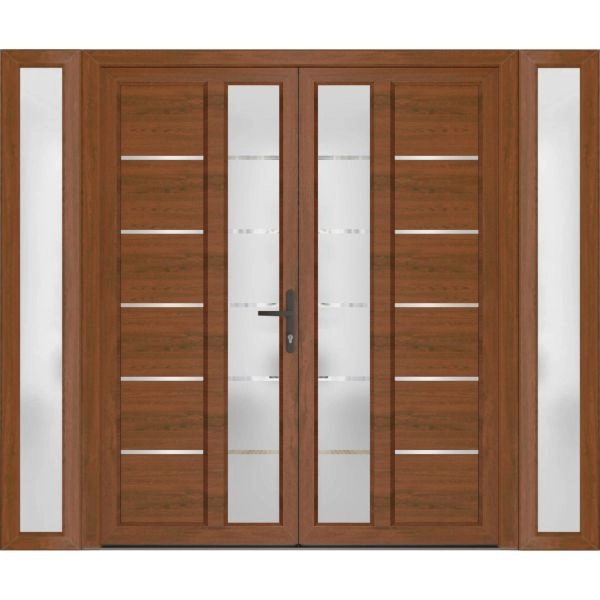 Front Exterior Prehung Metal-Plastic Double Doors / MANUX 8088 Walnut / 2 Sidelites Exterior WindoWLN / Office Commercial and Residential Doors Entrance Patio Garage 96" x 80" Left-Hand
