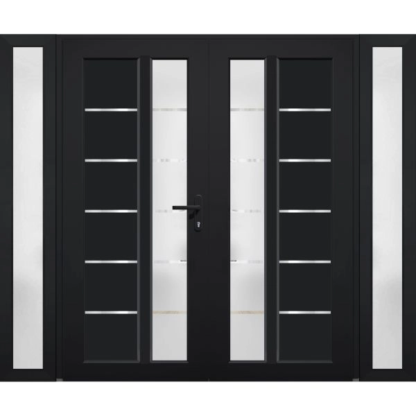 Front Exterior Prehung Metal-Plastic Double Doors / MANUX 8088 Matte Black / 2 Sidelites Exterior Windows / Office Commercial and Residential Doors Entrance Patio Garage 96" x 80" Left-Hand