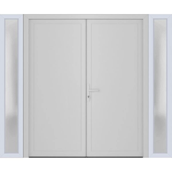Front Exterior Prehung Metal-Plastic Double Doors / MANUX 8111 White Silk / 2 Sidelites Exterior Windows / Office Commercial and Residential Doors Entrance Patio Garage 96" x 80" Right-Hand