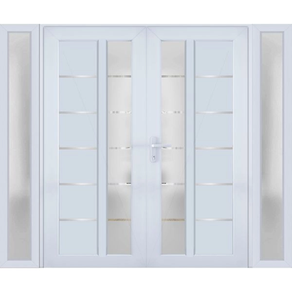 Front Exterior Prehung Metal-Plastic Double Doors / MANUX 8088 White Silk / 2 Sidelites Exterior Windows / Office Commercial and Residential Doors Entrance Patio Garage 96" x 80" Right-Hand